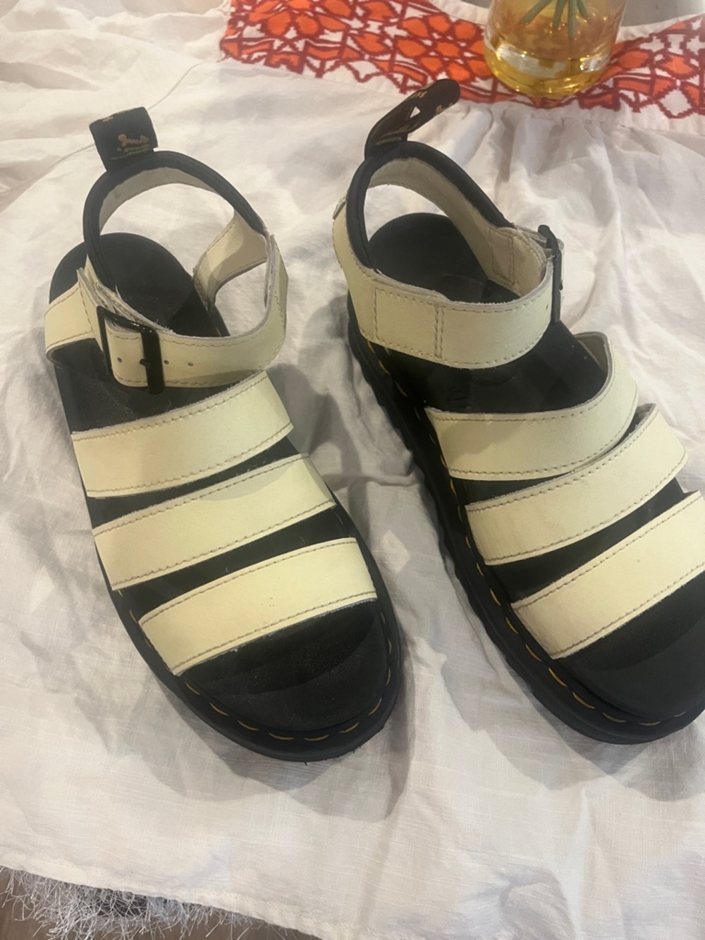 Dr. Martens Cream and Black Platform Strappy Sandals